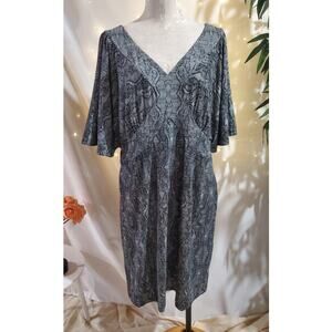 Cabi Lace Print V-Neck Flutter Sleeve Twirl Dress Size XL Black White Stretch